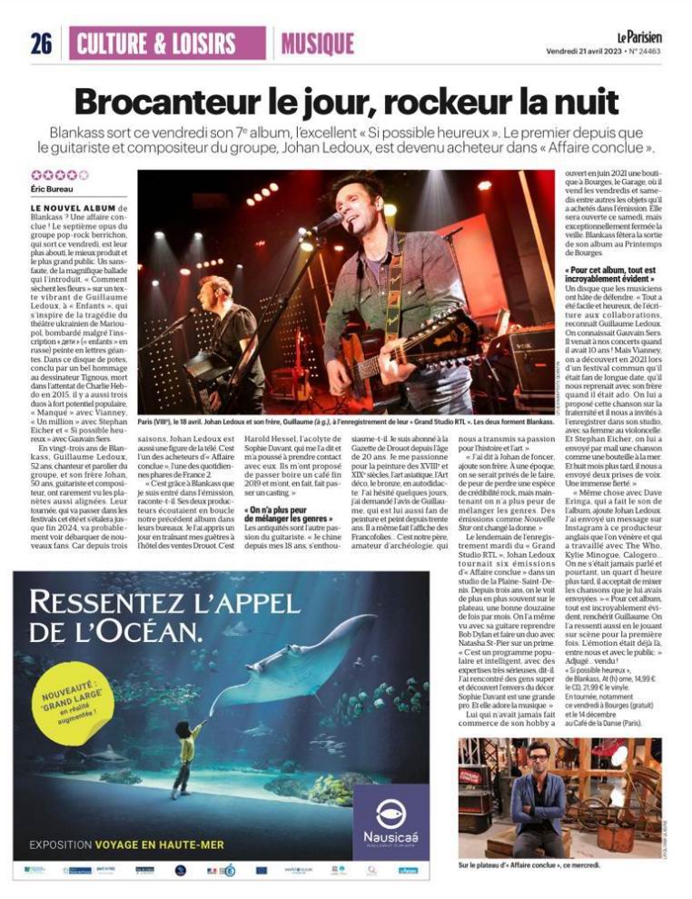 Article Le Parisien - Johan Ledoux, guitariste de Blankass la nuit, acheteur dans « Affaire conclue » le jour